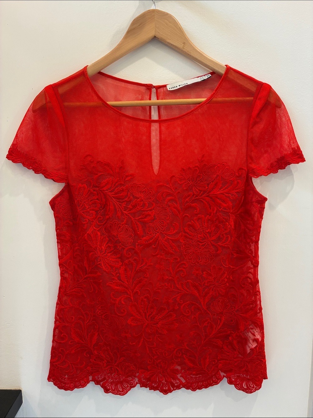Karen Millen Red Embroidered Lace Short Sleeve Top